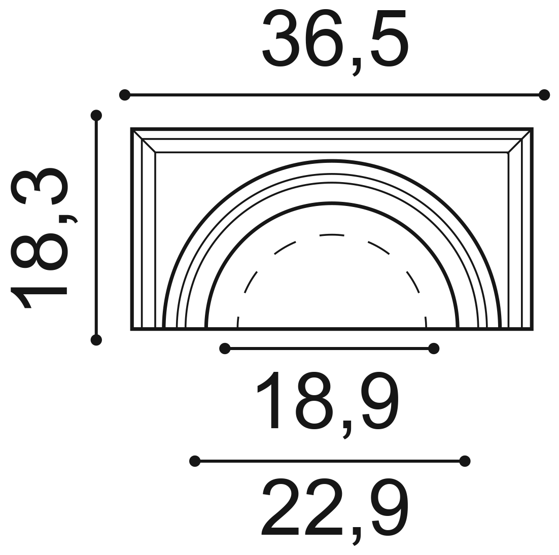 Чертёж капители Orac Decor K1111: 36,5 × 18,3 см